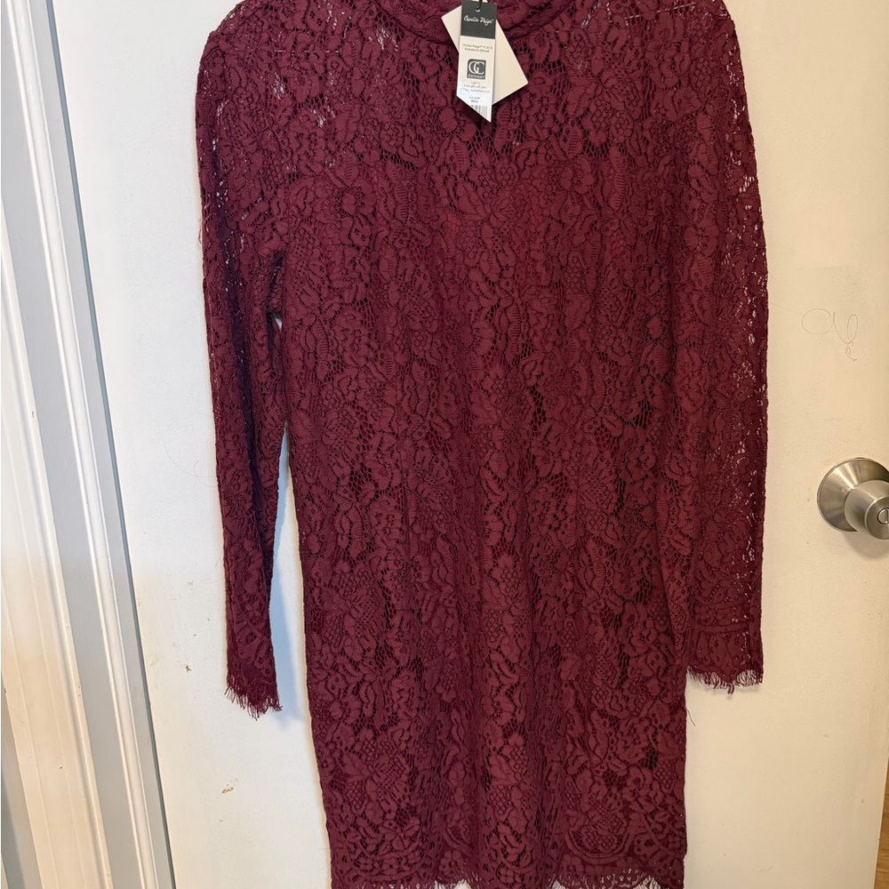 Charlie Paige Burgundy Lace Long Sleeve Dress